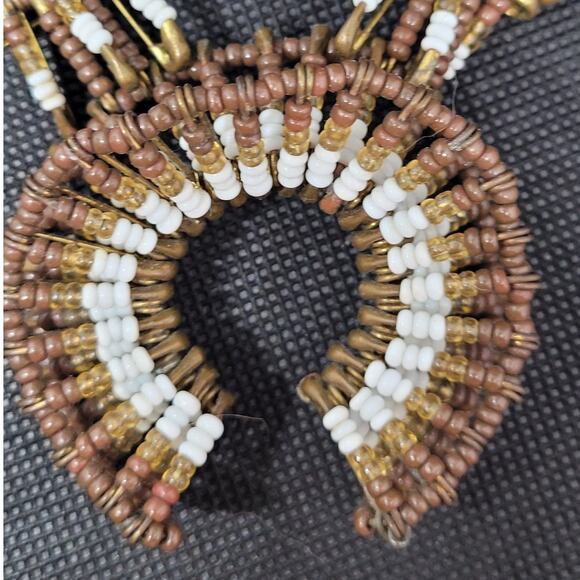 Retro Luxe Brown White Bead Squash Blossom Necklace Boho Statement Style - Picture 3 of 8